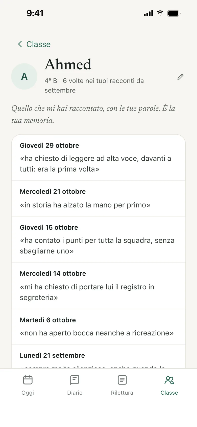 La scheda di Ahmed: sei frasi da settembre a ottobre, ognuna con la sua data.