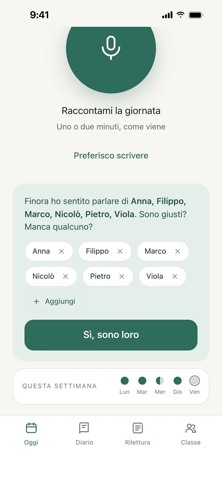 «Finora ho sentito parlare di Anna, Filippo, Marco, Nicolò, Pietro, Viola. Sono giusti? Manca qualcuno?» e il pulsante «Sì, sono loro».