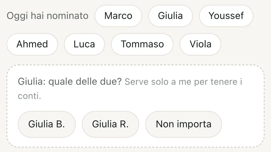 Gli alunni nominati oggi e la domanda «Giulia: quale delle due?», con Giulia B. e Giulia R.