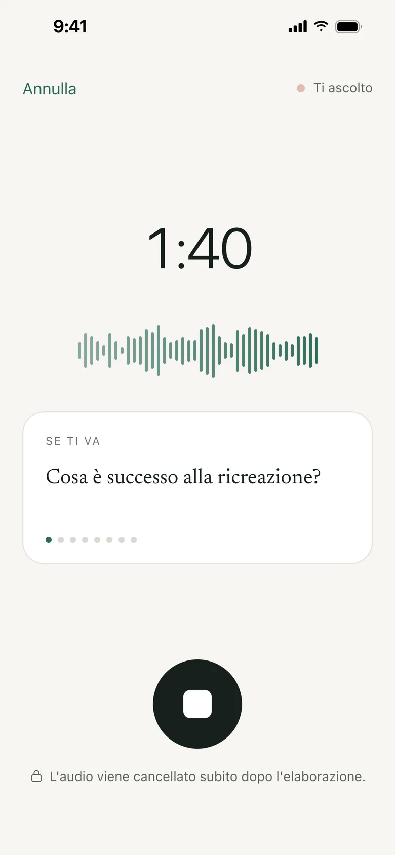 Il Diario mentre registra: 1:40, l’onda della voce e la domanda «Cosa è successo alla ricreazione?».
