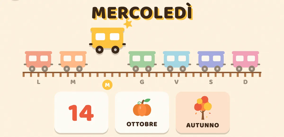 Il treno dei giorni, con il vagone di oggi in alto, il numero, il mese e la stagione.