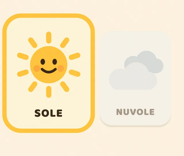 Le carte del tempo: sole, nuvole, pioggia, neve e vento.
